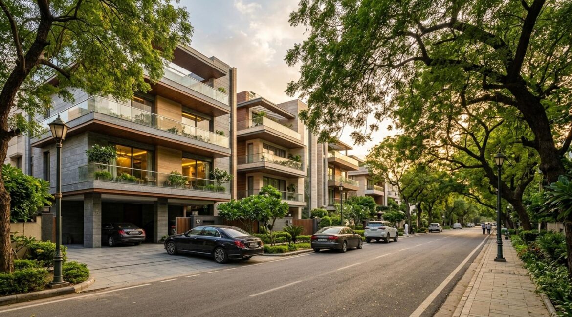 Property in Defence Colony — luxury builder floors on a tree-lined street in South Delhi