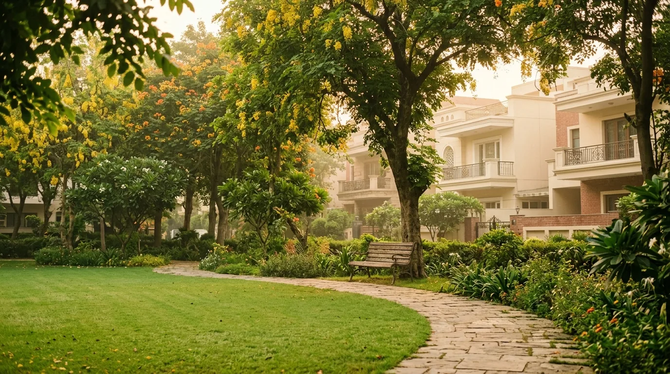 Park-facing block in Defence Colony South Delhi with low-rise builder floors