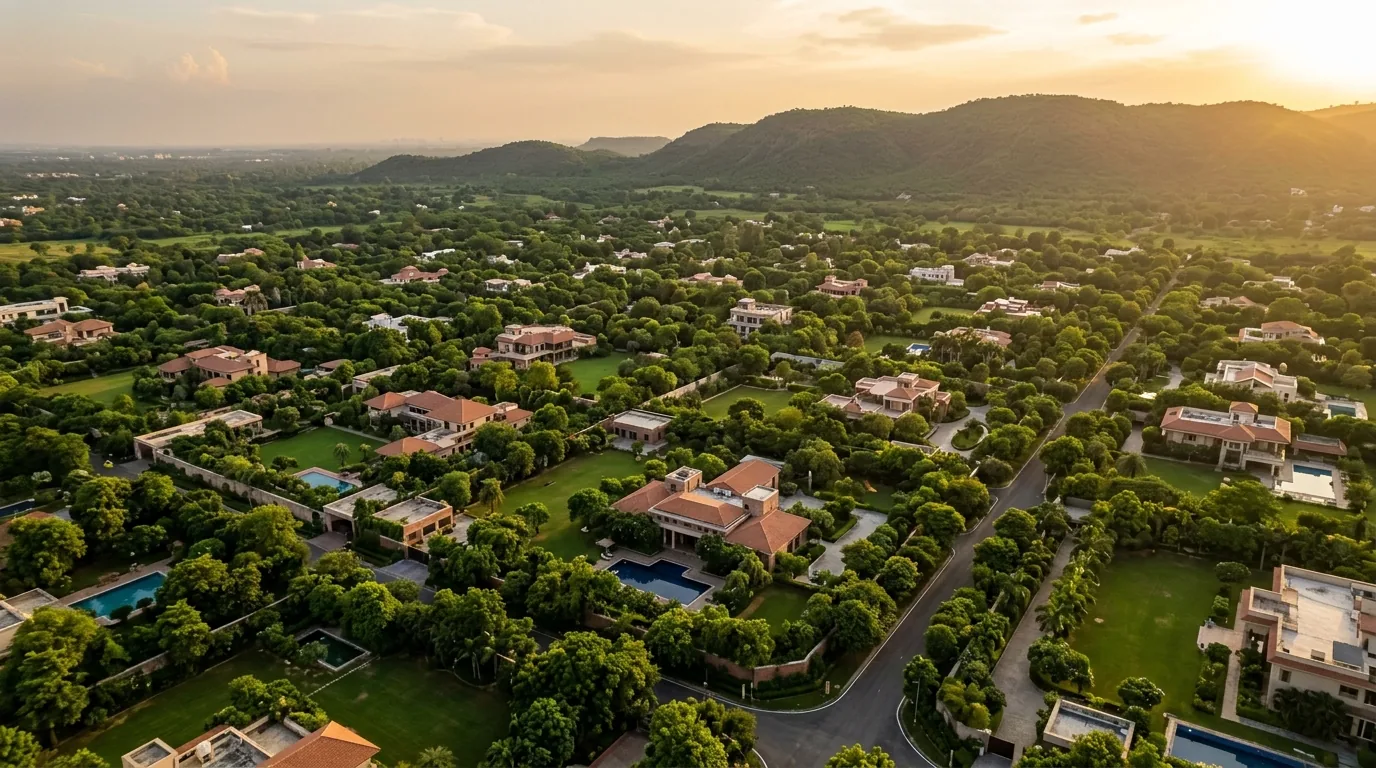 Aerial view of the Delhi farmhouse belt near Chattarpur with green estates and the Aravalli ridge