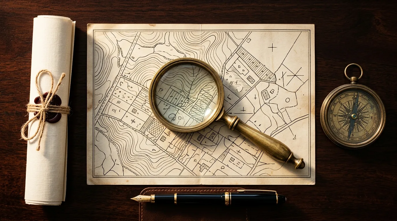 Land survey map, title documents and compass representing farmhouse legal due diligence in Delhi