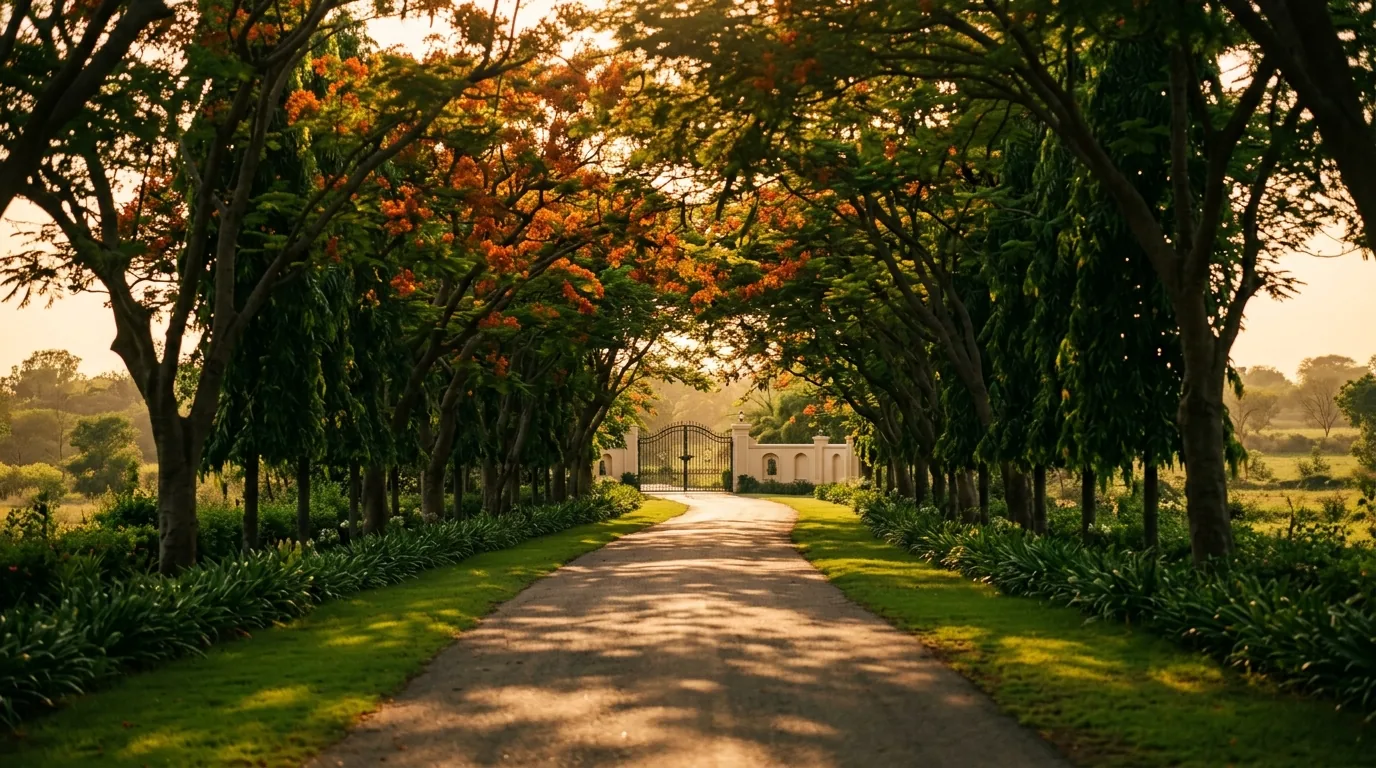 Tree-lined approach drive to a farmhouse in the Chattarpur belt, South Delhi