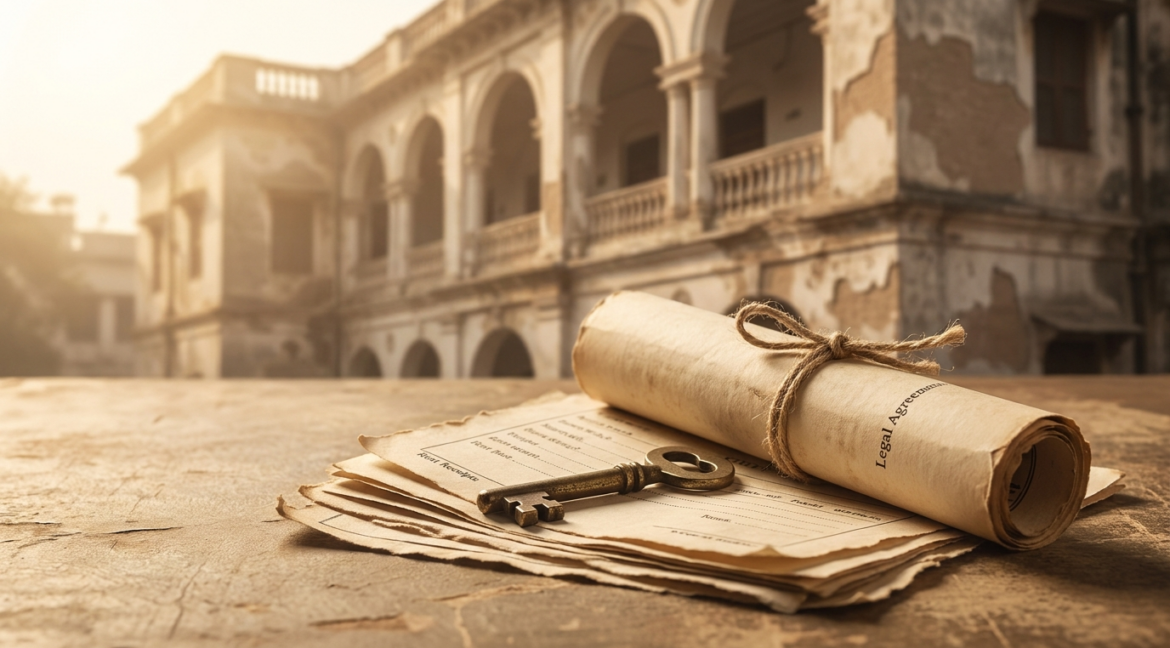 Delhi Rent Control Act — vintage rent receipts and an old rent agreement with a brass key before a stately Delhi building
