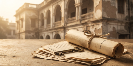 Delhi Rent Control Act — vintage rent receipts and an old rent agreement with a brass key before a stately Delhi building