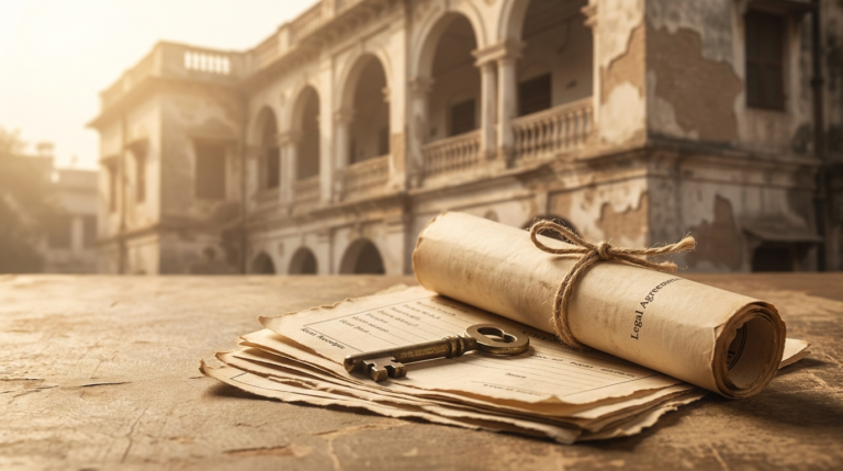 Delhi Rent Control Act &mdash; vintage rent receipts and an old rent agreement with a brass key before a stately Delhi building