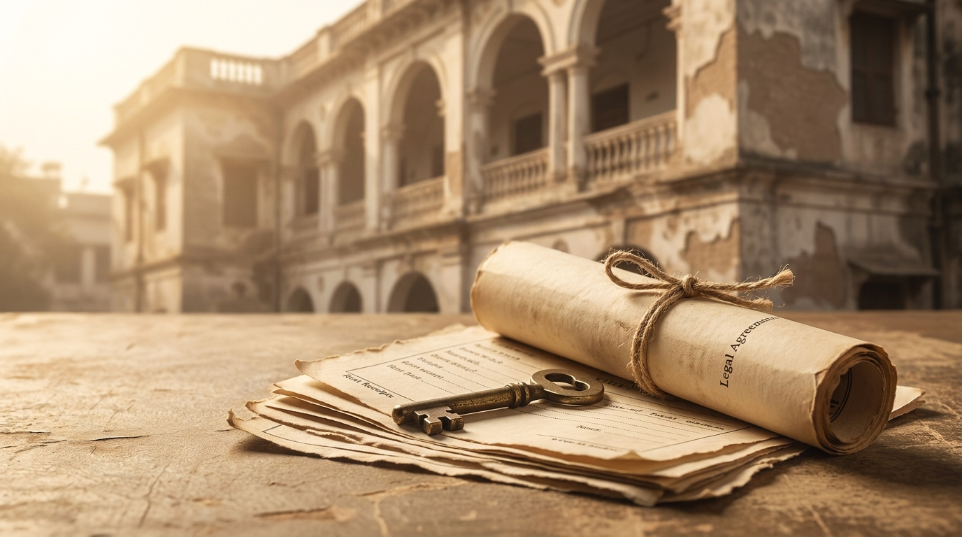 Delhi Rent Control Act &mdash; vintage rent receipts and an old rent agreement with a brass key before a stately Delhi building