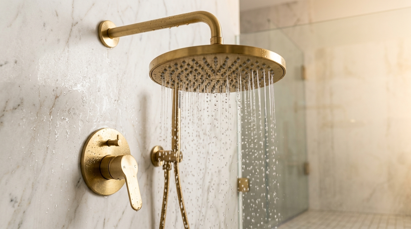 Premium designer bathroom fittings on white European marble in a Chattarpur farmhouse
