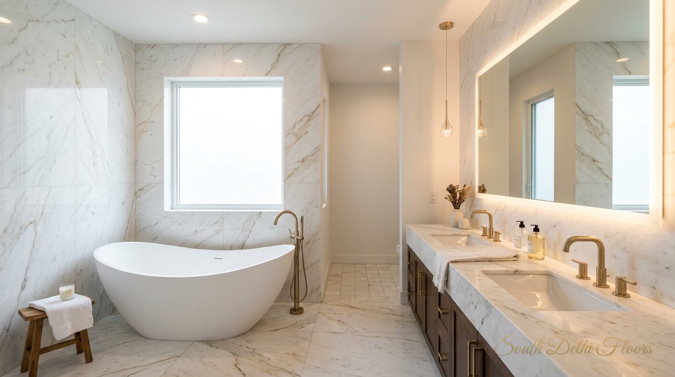 White marble bathroom with a sculptural tub