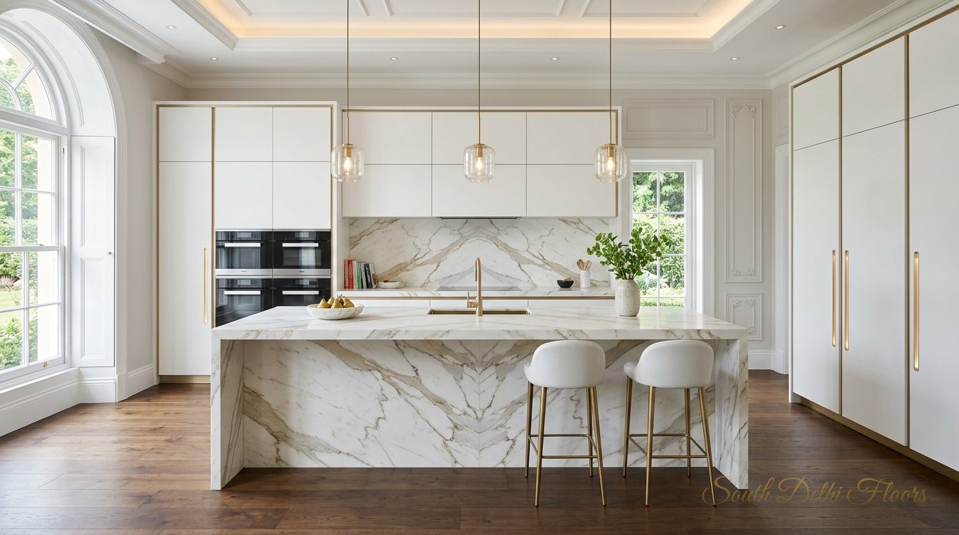 White-and-gold marble kitchen in a Chanakyapuri duplex