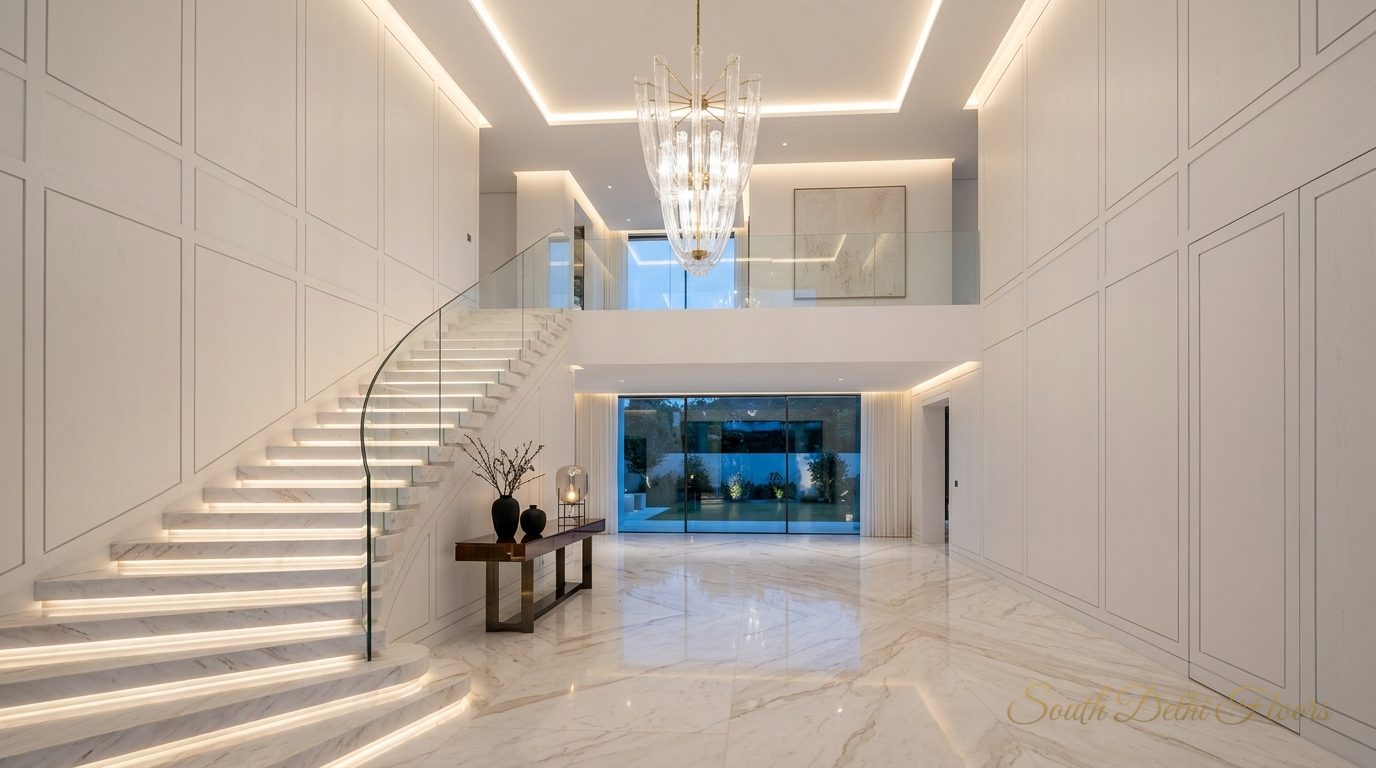 Double-height marble entrance hall in a duplex in Chanakyapuri