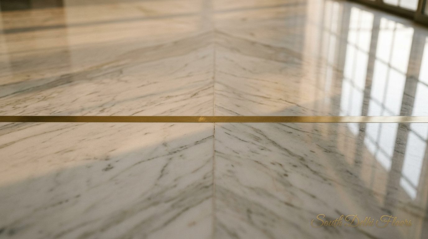 Polished European marble flooring with a brass inlay in the 4 BHK builder floor in Geetanjali Enclave, South Delhi.