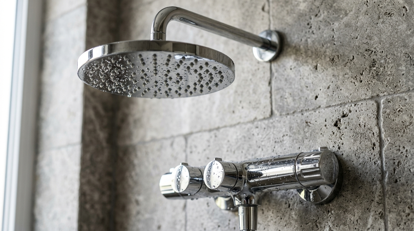 Branded chrome bathroom fittings against European stone in a Vasant Vihar luxury builder floor