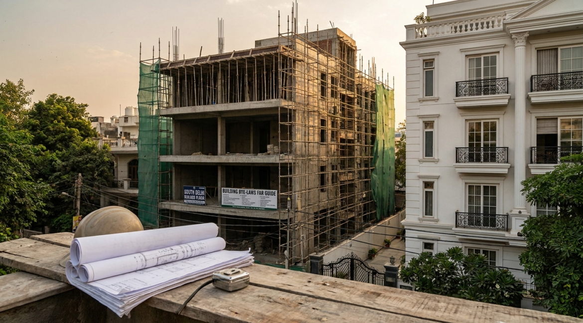 FAR and floors allowed in South Delhi — a four-storey builder floor under construction beside a completed building with blueprints in the foreground