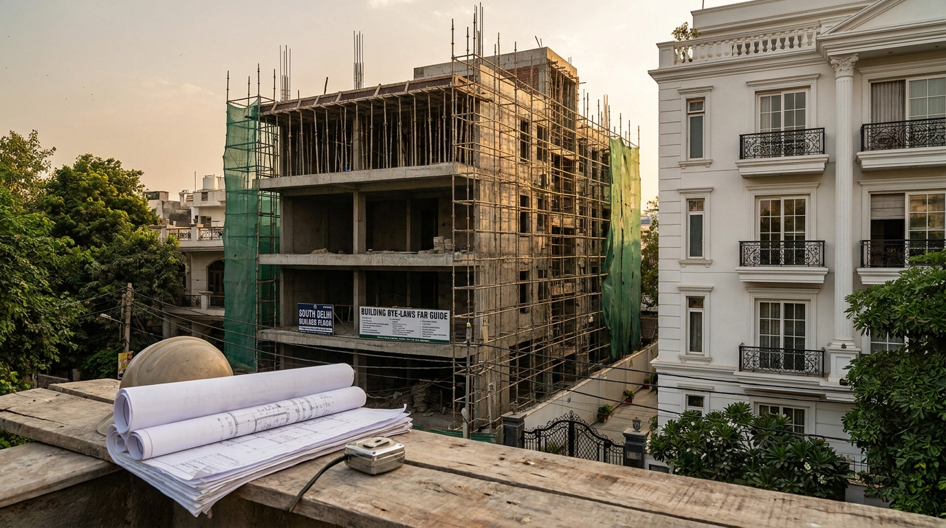 FAR and floors allowed in South Delhi &mdash; a four-storey builder floor under construction beside a completed building with blueprints in the foreground