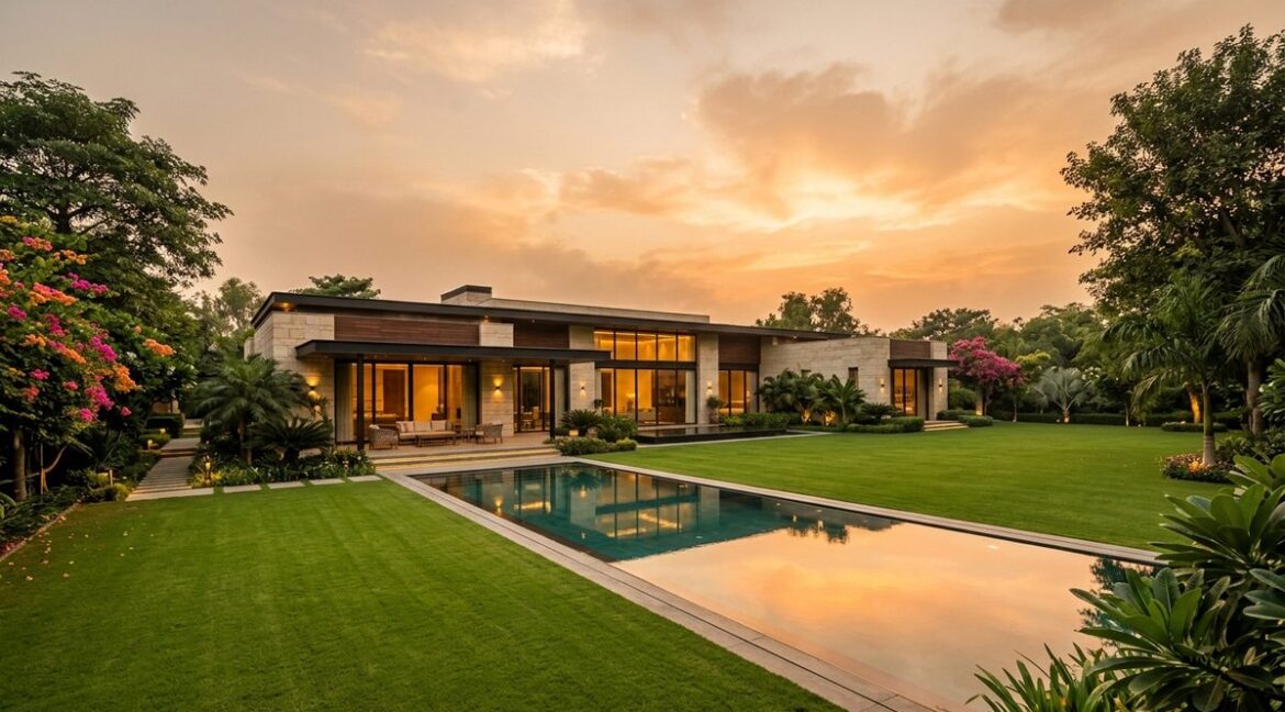 Luxury farmhouse in Delhi with landscaped lawns and swimming pool at golden hour