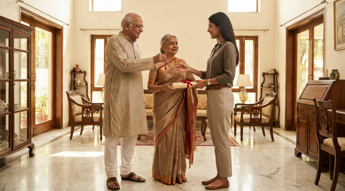 Gift deed stamp duty in Delhi — parents gifting their South Delhi home to their daughter with keys and deed