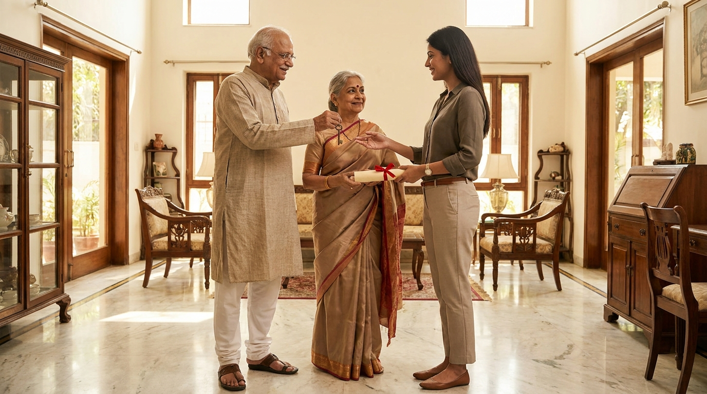 Gift deed stamp duty in Delhi &mdash; parents gifting their South Delhi home to their daughter with keys and deed