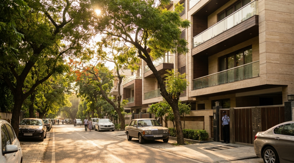 Greater Kailash 1 residential street with new builder floors