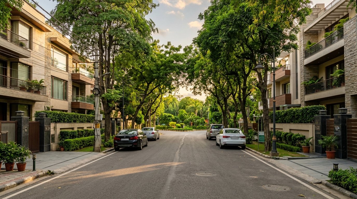 Property in Greater Kailash I &mdash; luxury builder floors on a tree-lined street in South Delhi