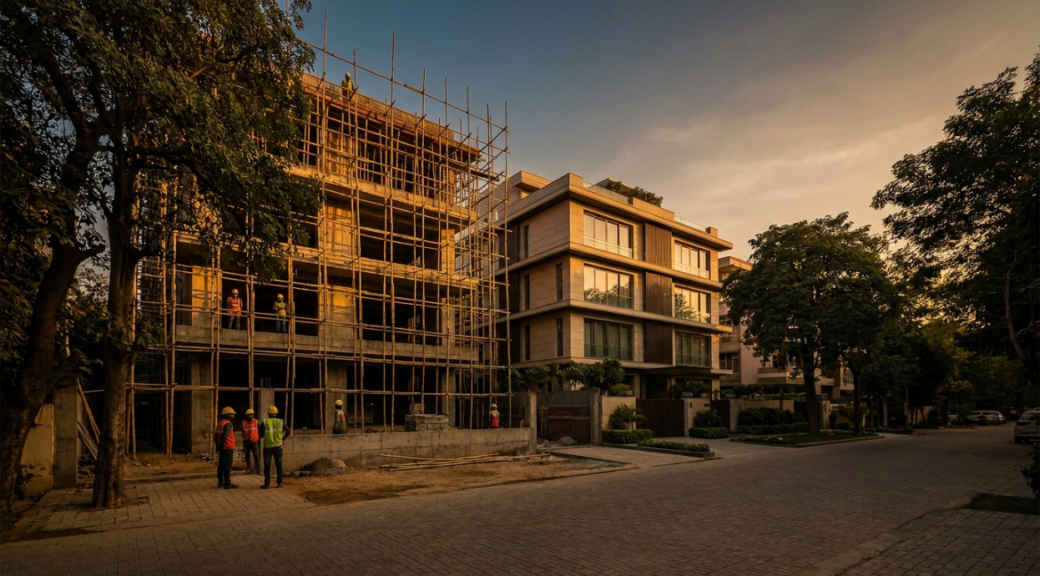 GST on under construction property in Delhi — an under-construction builder floor beside a completed building