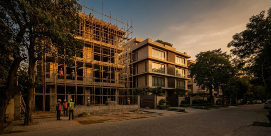 GST on under construction property in Delhi — an under-construction builder floor beside a completed building