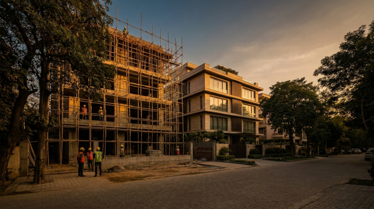 GST on under construction property in Delhi &mdash; an under-construction builder floor beside a completed building