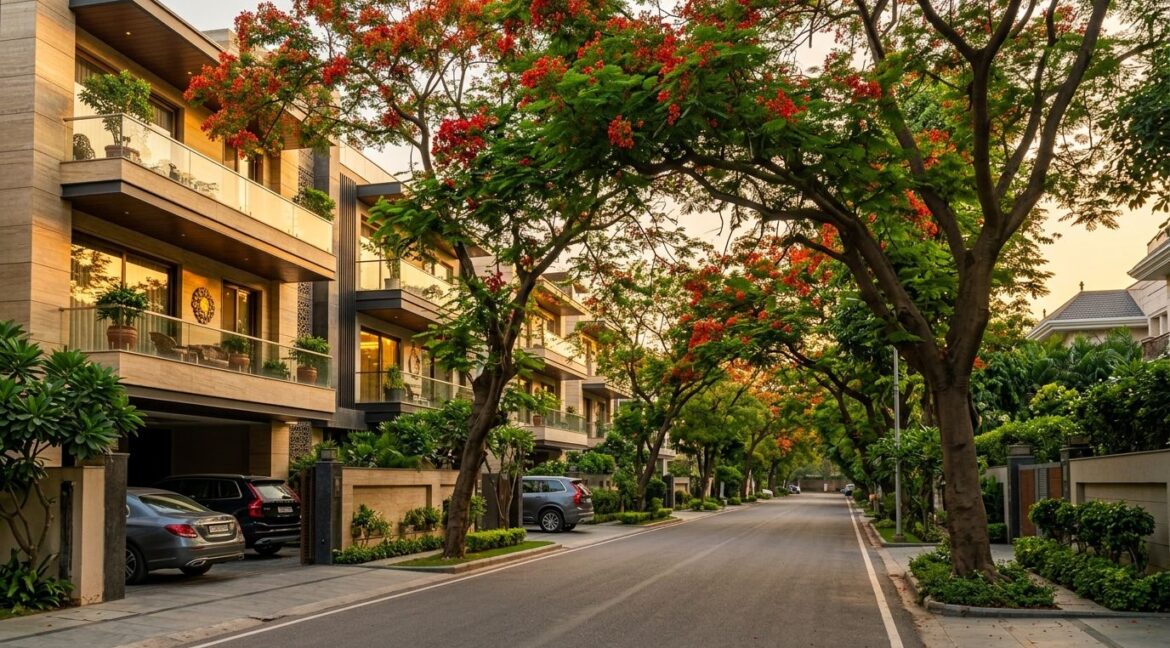 Property in Gulmohar Park — luxury builder floors on a tree-lined street in South Delhi