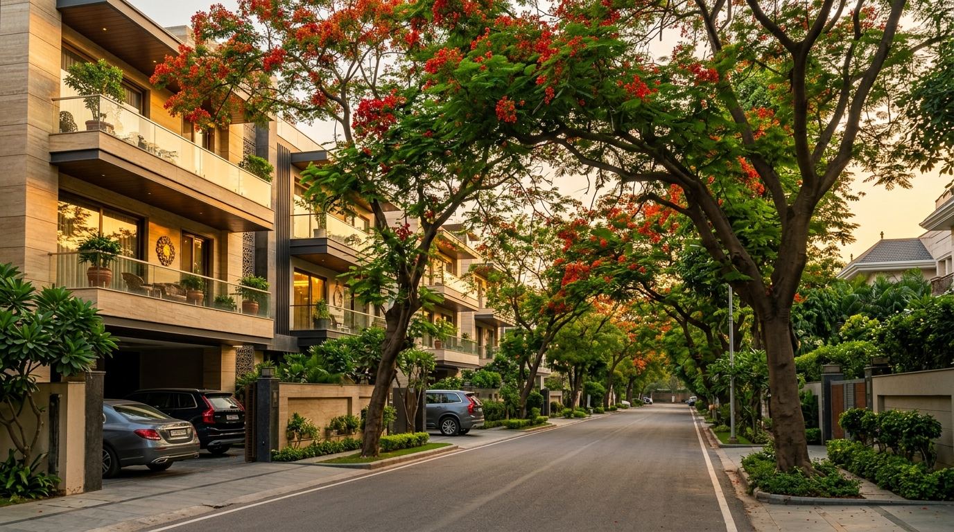 Property in Gulmohar Park &mdash; luxury builder floors on a tree-lined street in South Delhi
