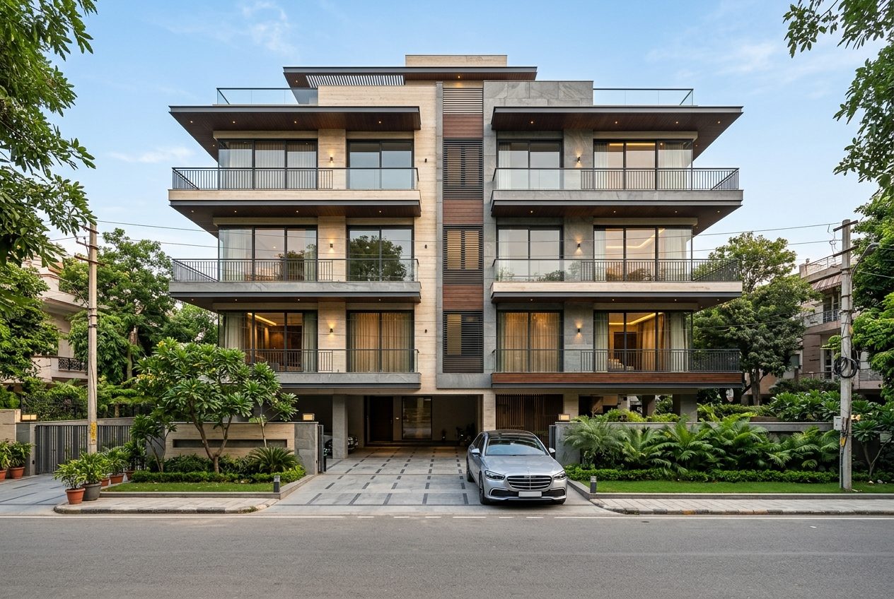 Modern luxury builder-floor facade in Gulmohar Park, South Delhi