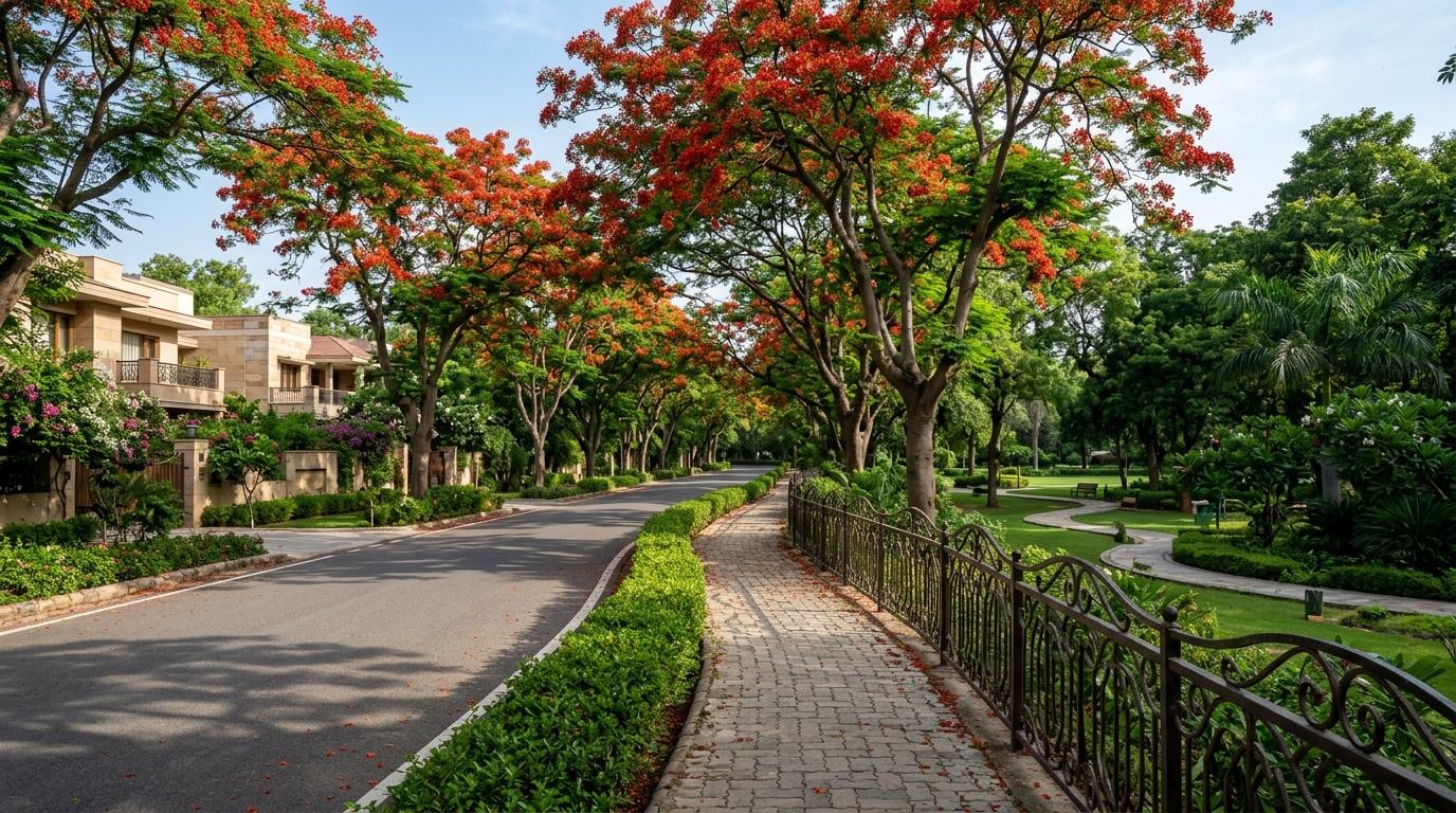 Tree-lined green park avenue in the Gulmohar Park colony, South Delhi