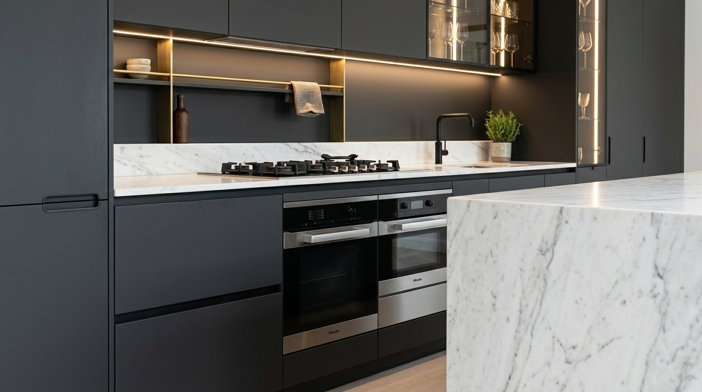 High-end modular kitchen with a white marble waterfall island in a Chattarpur farmhouse