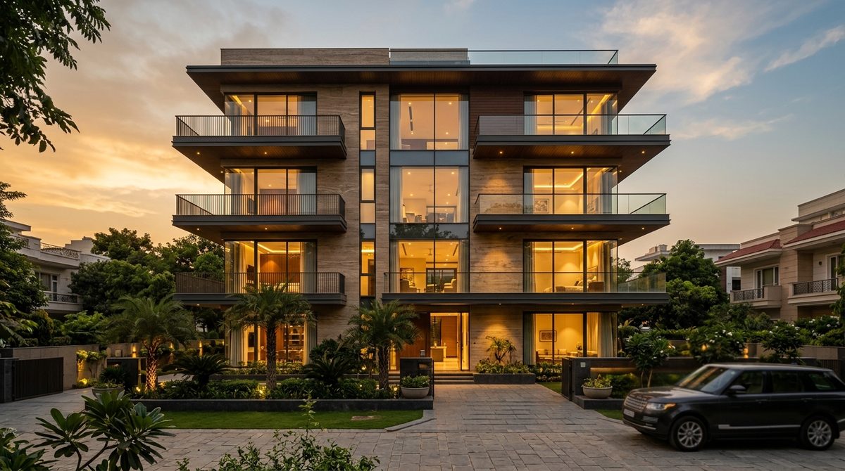 Luxury builder floor residence in South Delhi at golden hour
