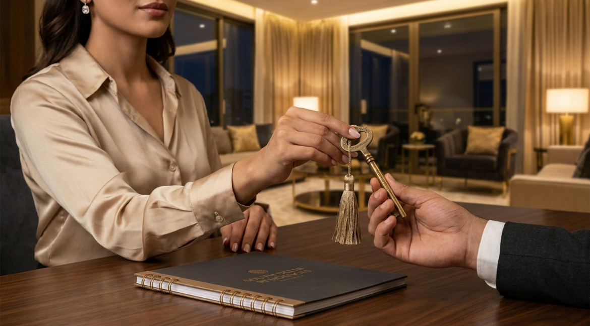 How to sell a builder floor in South Delhi — a seller handing over the keys of a luxury South Delhi floor