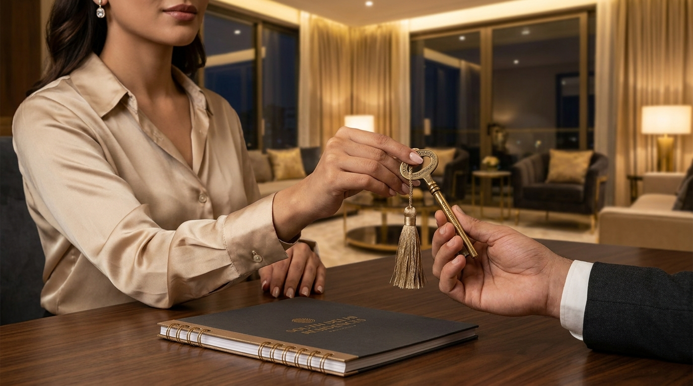 How to sell a builder floor in South Delhi &mdash; a seller handing over the keys of a luxury South Delhi floor