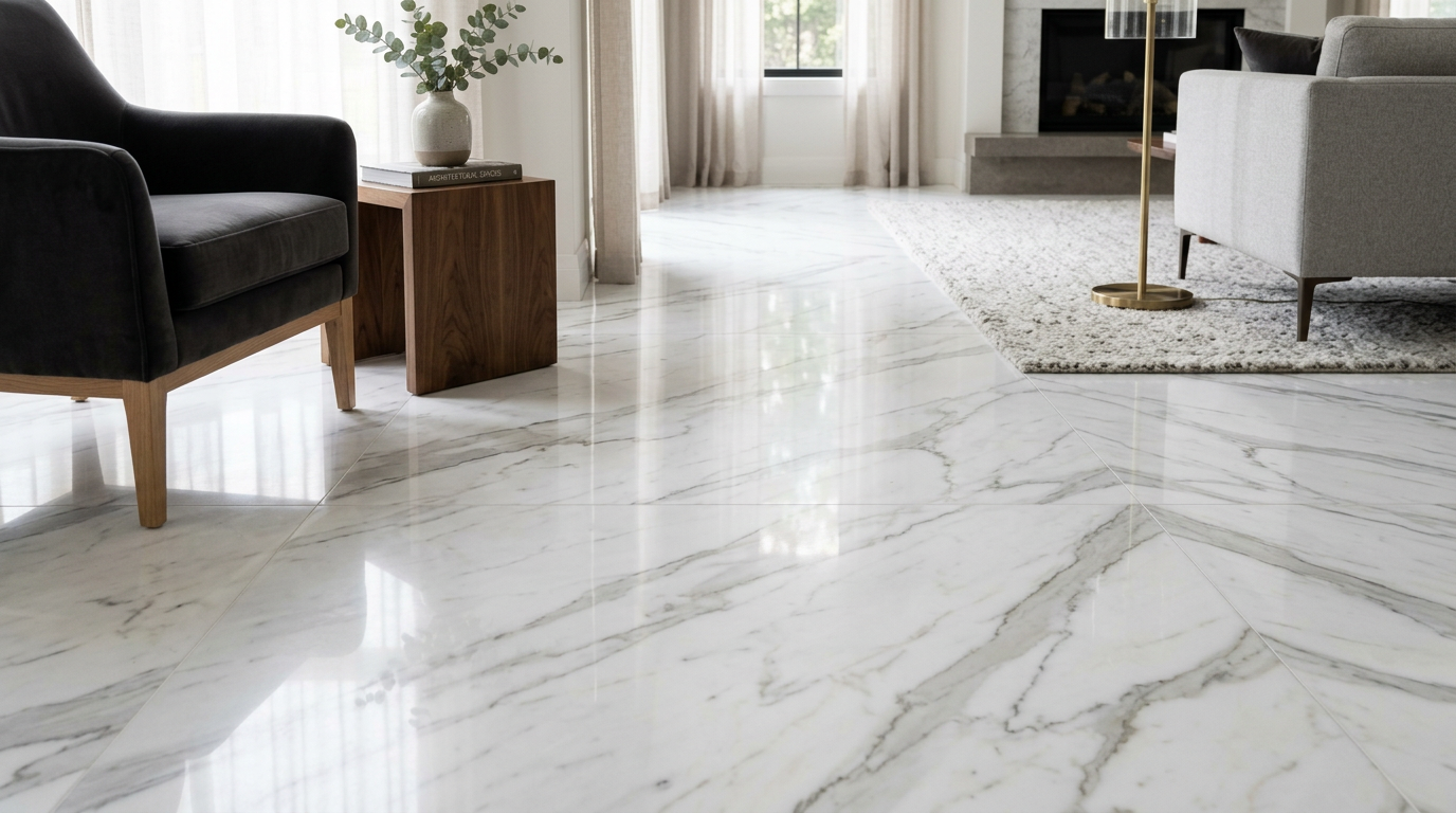 Polished Italian statuario marble flooring in a luxury Panchsheel Park residence, South Delhi
