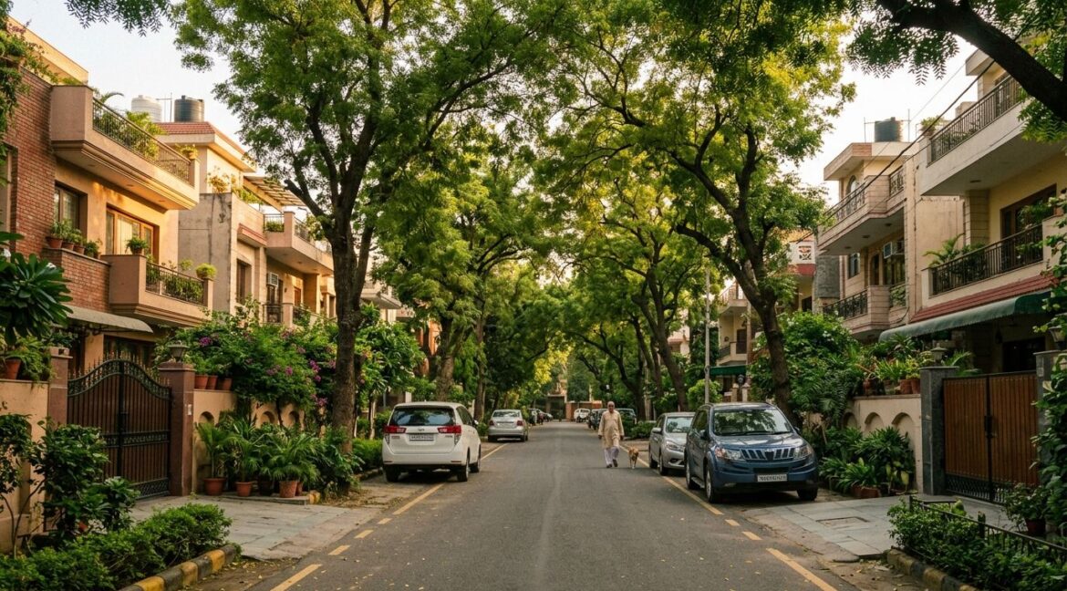 Property in Jangpura Extension — leafy builder floors on a tree-lined street in South Delhi