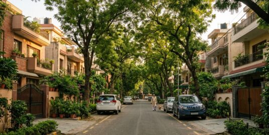 Property in Jangpura Extension — leafy builder floors on a tree-lined street in South Delhi