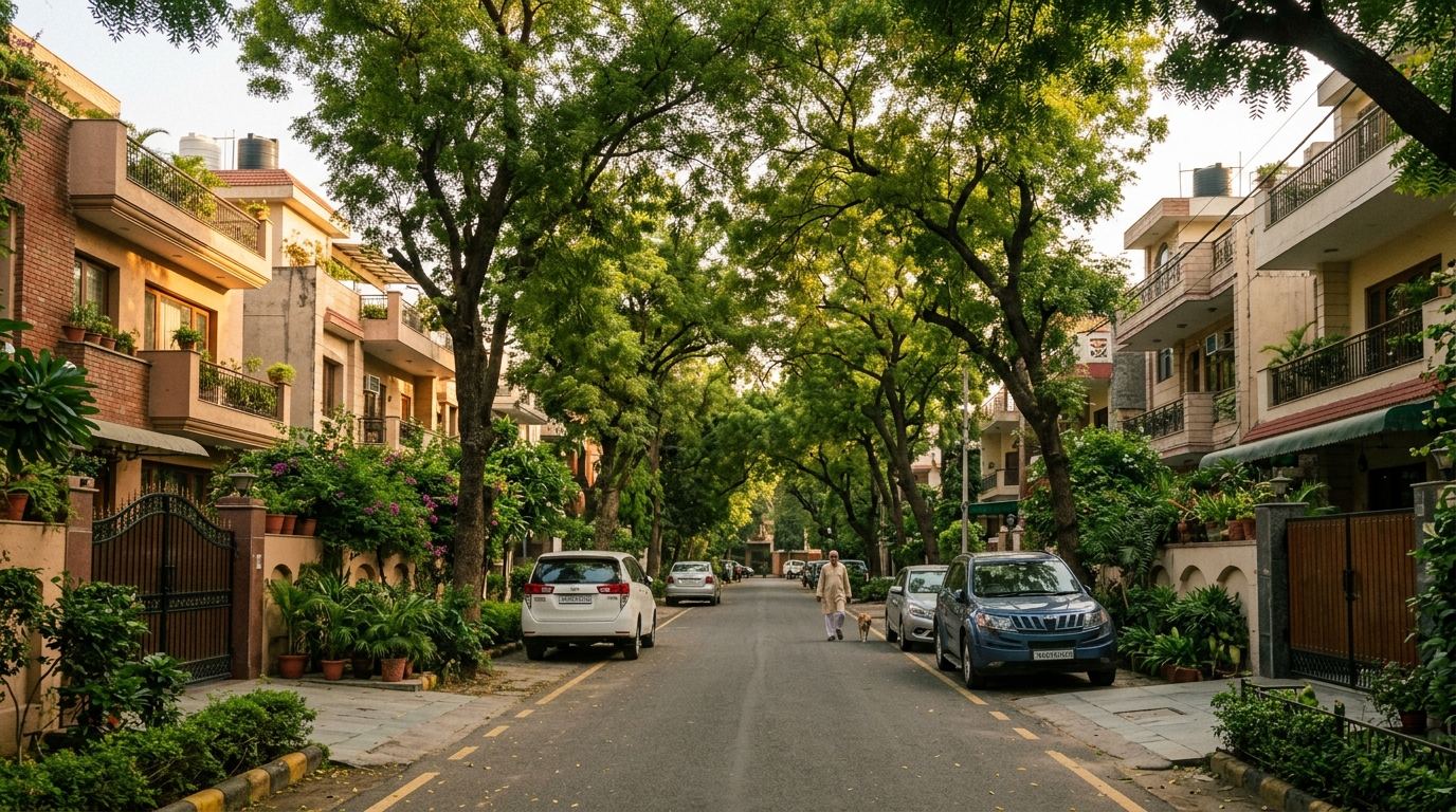 Property in Jangpura Extension &mdash; leafy builder floors on a tree-lined street in South Delhi
