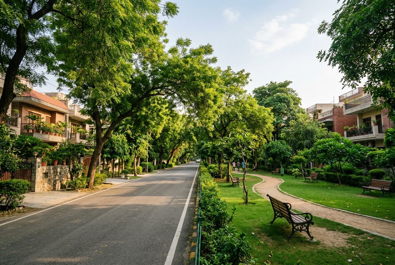 A tree-lined green avenue and park in the Jangpura enclave, South Delhi
