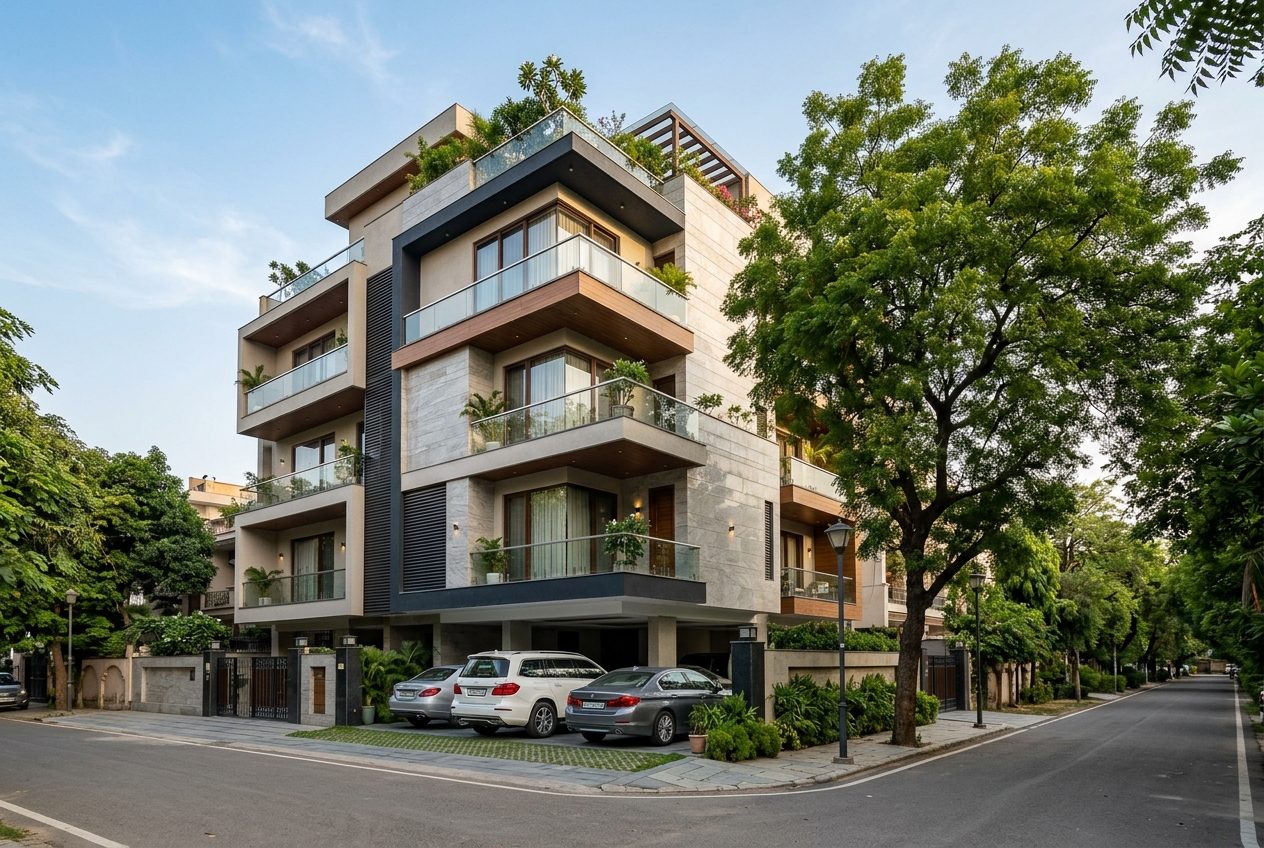 Modern builder-floor facade in Jangpura Extension, South Delhi