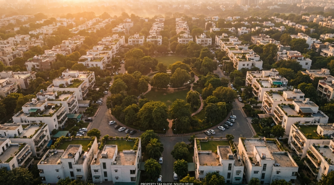MCD property tax in Delhi — aerial view of a South Delhi residential colony whose homes fall in category A and B