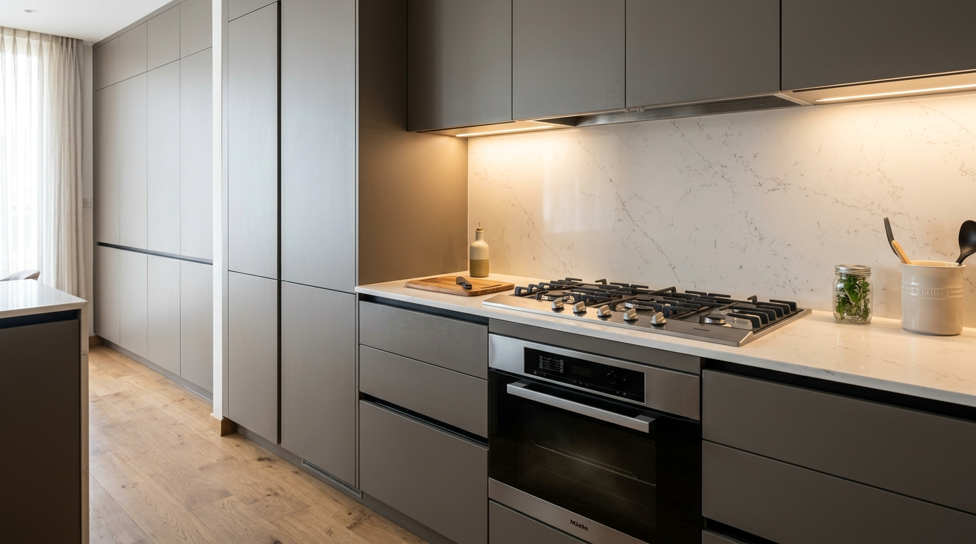 Modern modular kitchen with branded built-in appliances in a Panchsheel Park builder floor, South Delhi