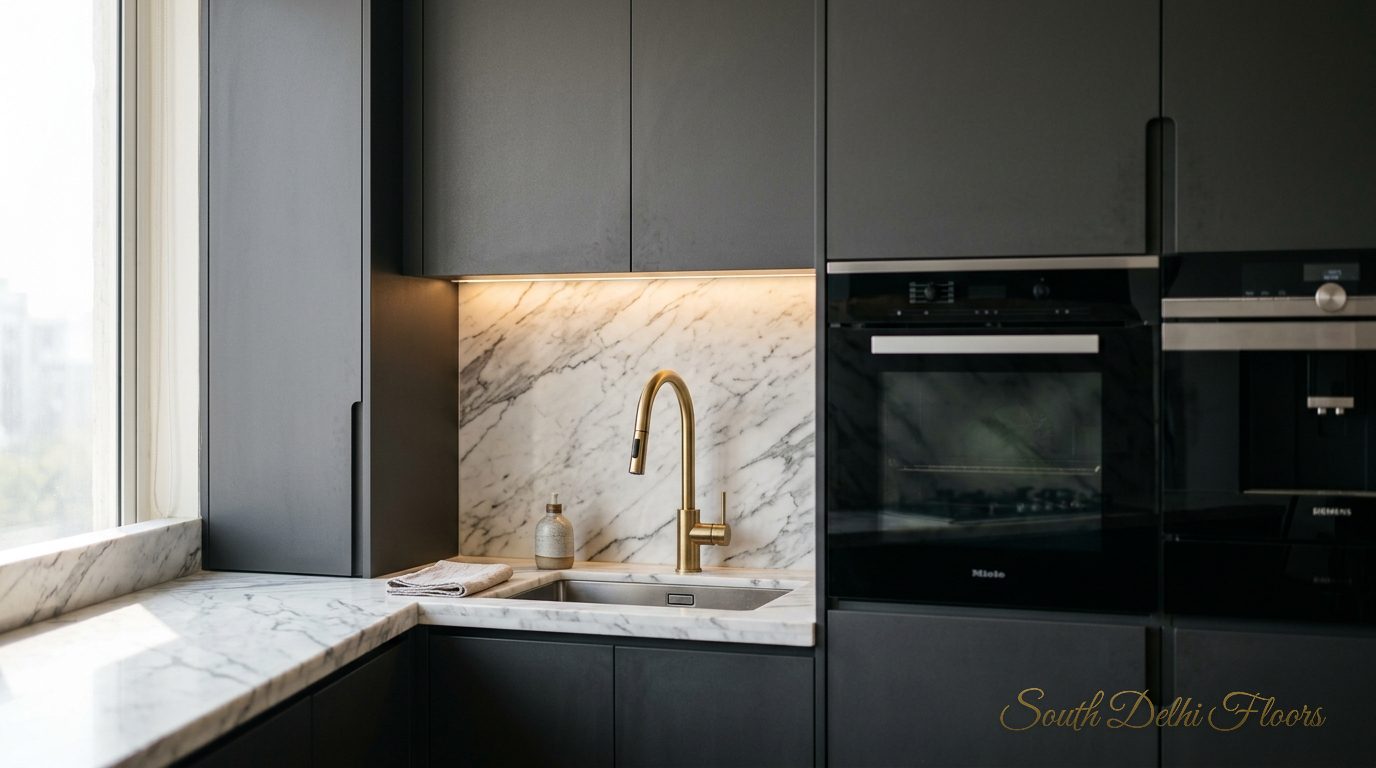 Modular kitchen with imported built-in appliances and a marble worktop at the builder floor in Geetanjali Enclave, South Delhi.