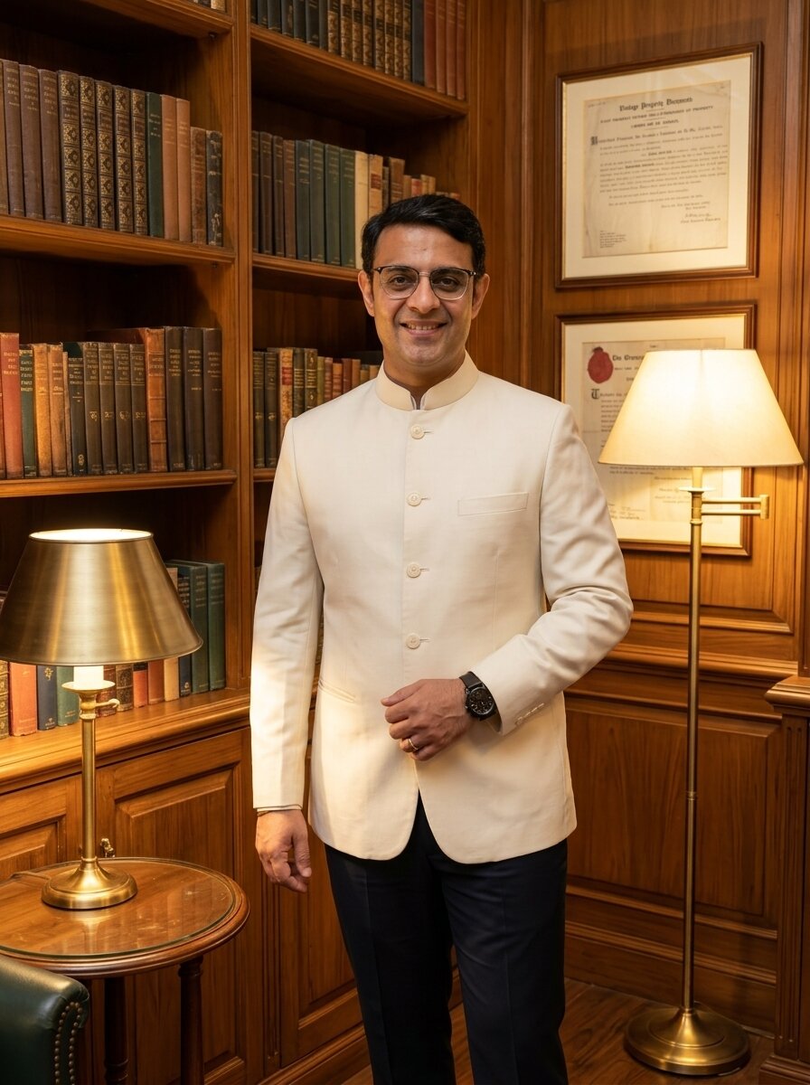 Mohit Minocha of SouthDelhiFloors in an ivory bandhgala in a heritage family study &mdash; partition deed and family settlement