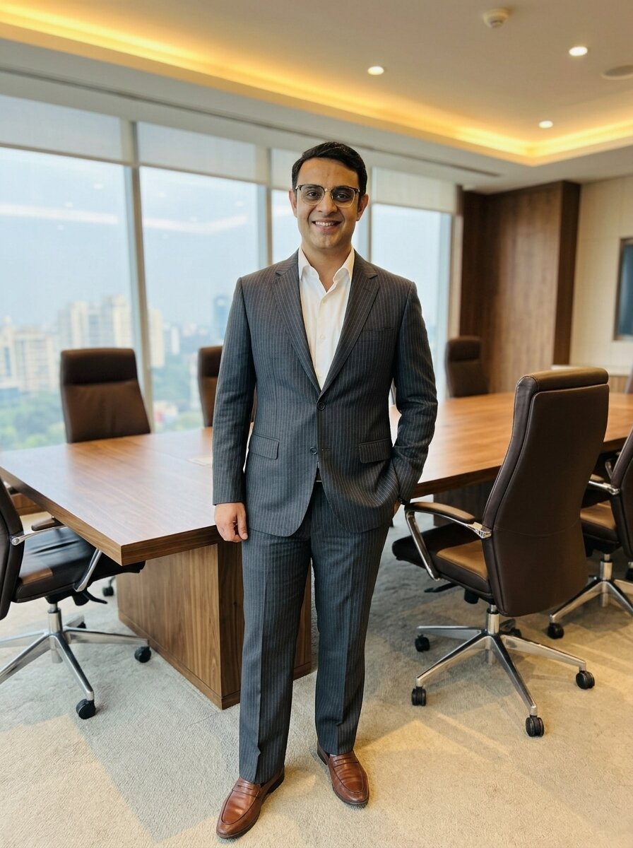 Mohit Minocha of SouthDelhiFloors in a charcoal pinstripe suit in a boardroom — buying property in a company name