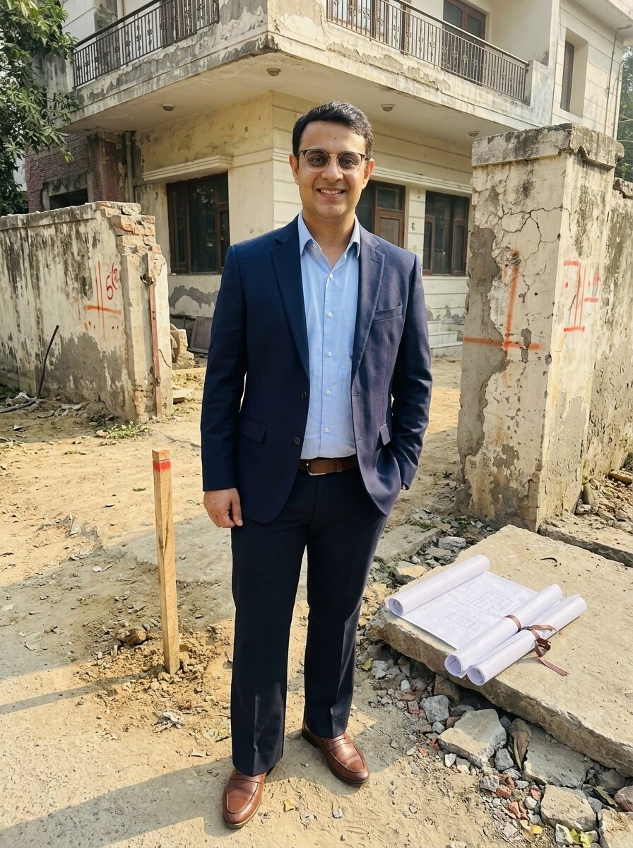 Mohit Minocha of SouthDelhiFloors at an old South Delhi plot marked for redevelopment &mdash; builder collaboration agreement