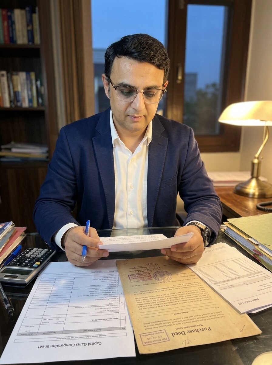 Mohit Minocha of SouthDelhiFloors working through a capital gains computation with an old purchase deed