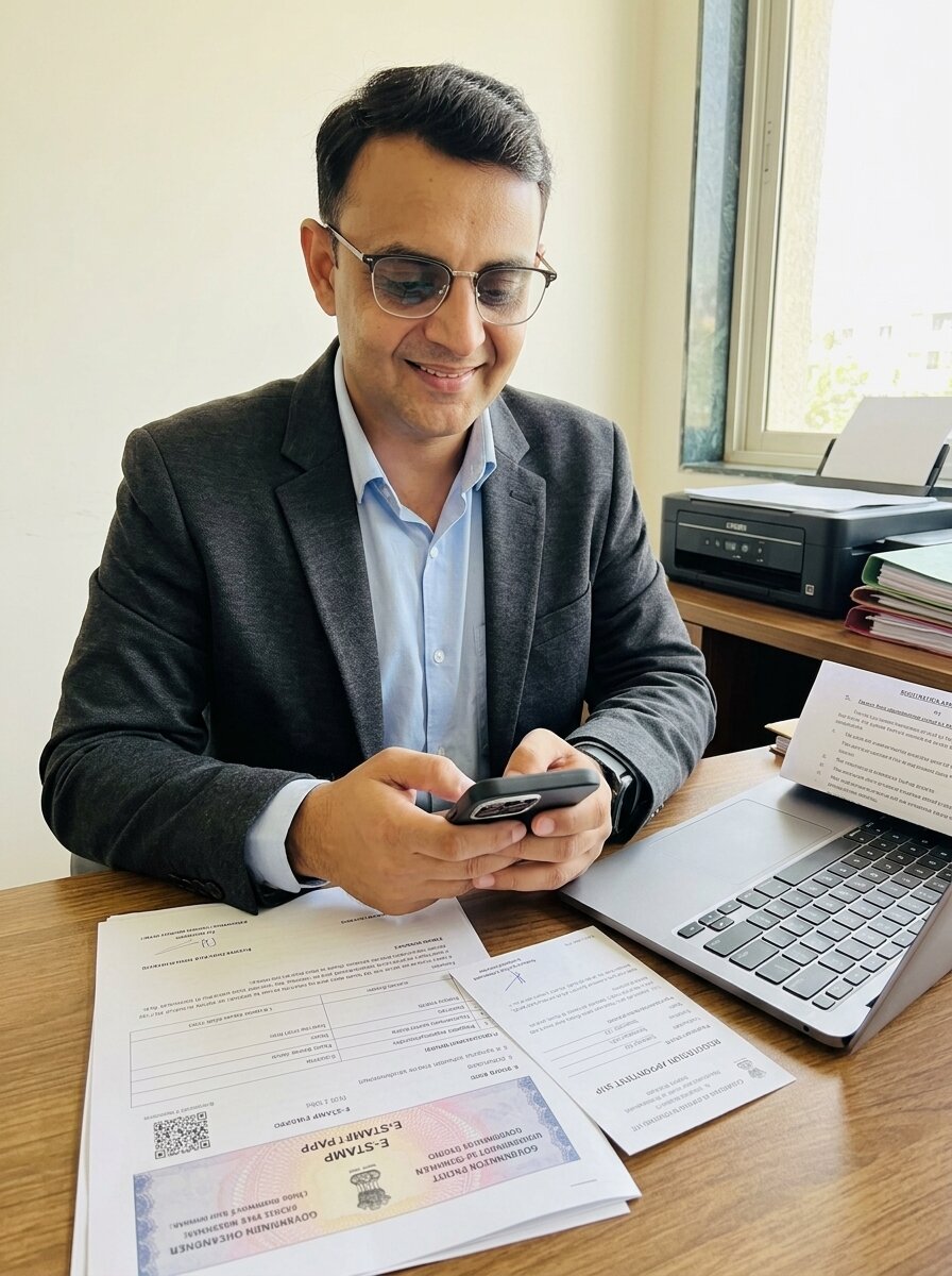 Mohit Minocha of SouthDelhiFloors at a desk with e-stamp papers and a registration appointment slip in Delhi