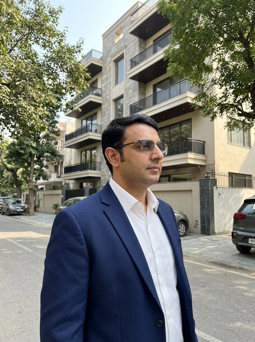 Mohit Minocha of SouthDelhiFloors outside a four-storey South Delhi builder floor &mdash; reading Delhi Master Plan 2047 against today&rsquo;s building norms