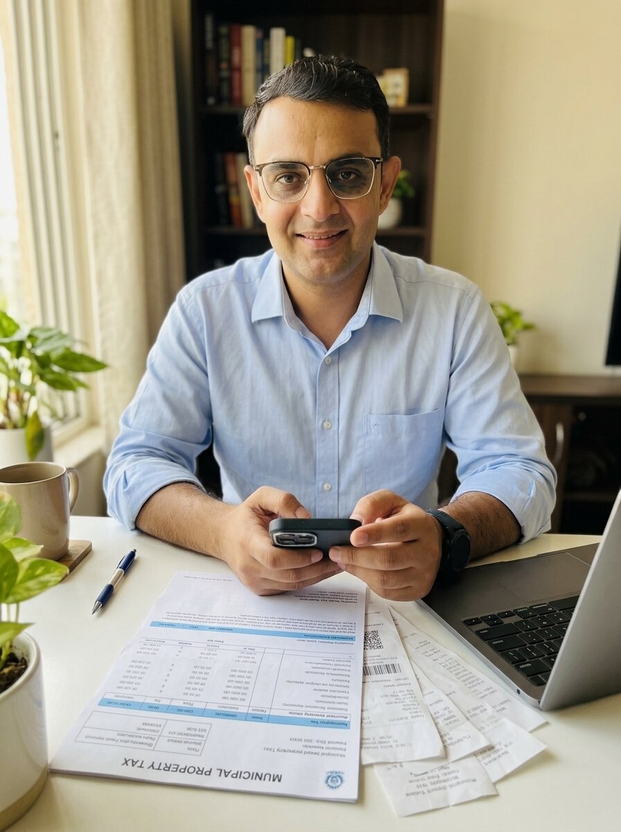 Mohit Minocha of SouthDelhiFloors reviewing an MCD property tax bill and receipts at a home office desk