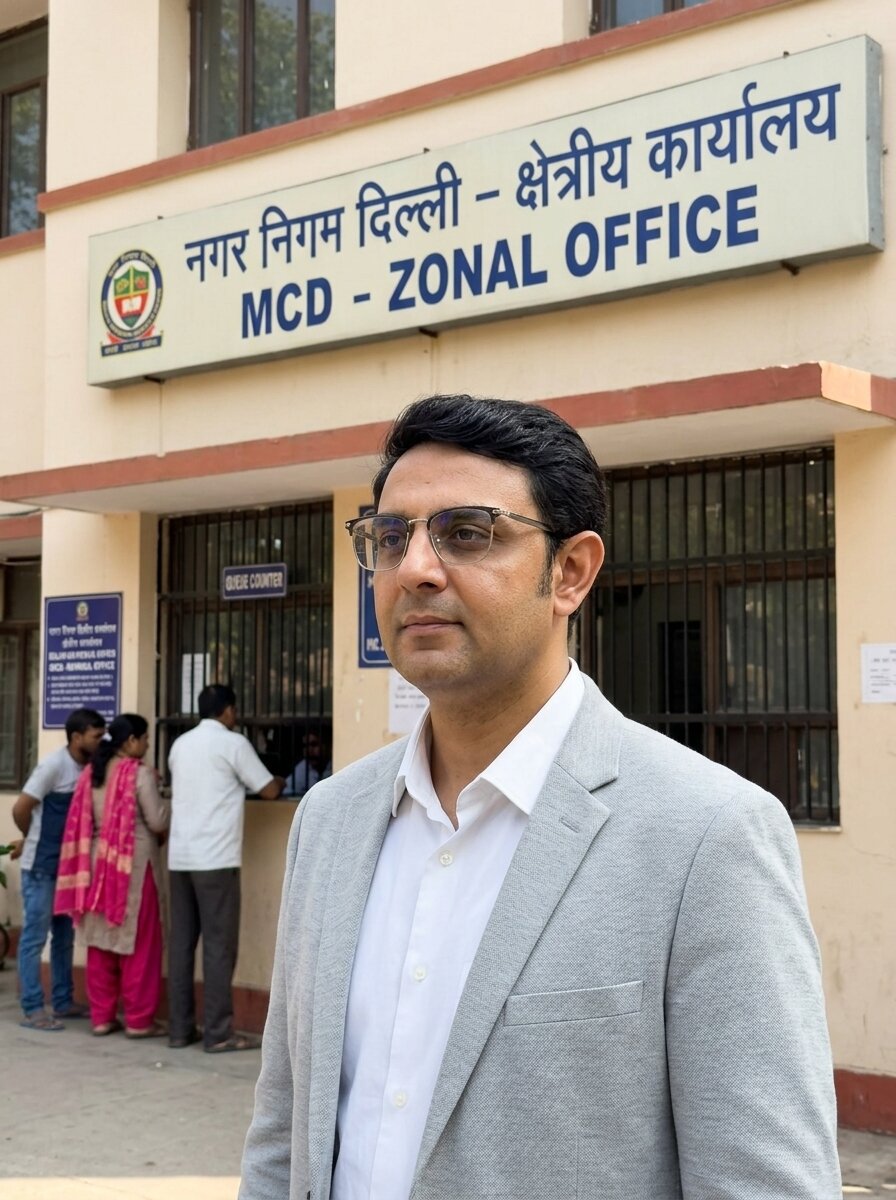 Mohit Minocha of SouthDelhiFloors outside an MCD zonal office in Delhi &mdash; property mutation